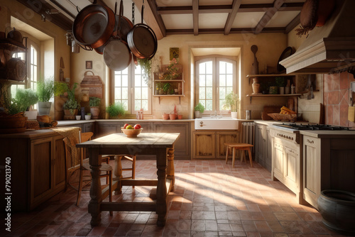 Cozy interior of kitchen in modern house in Provence style.