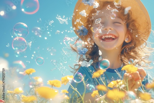 A little girl wearing a hat and playing with soap bubbles in the blue sky  surrounded by flowers under sunshine. The background is clear and bright. 