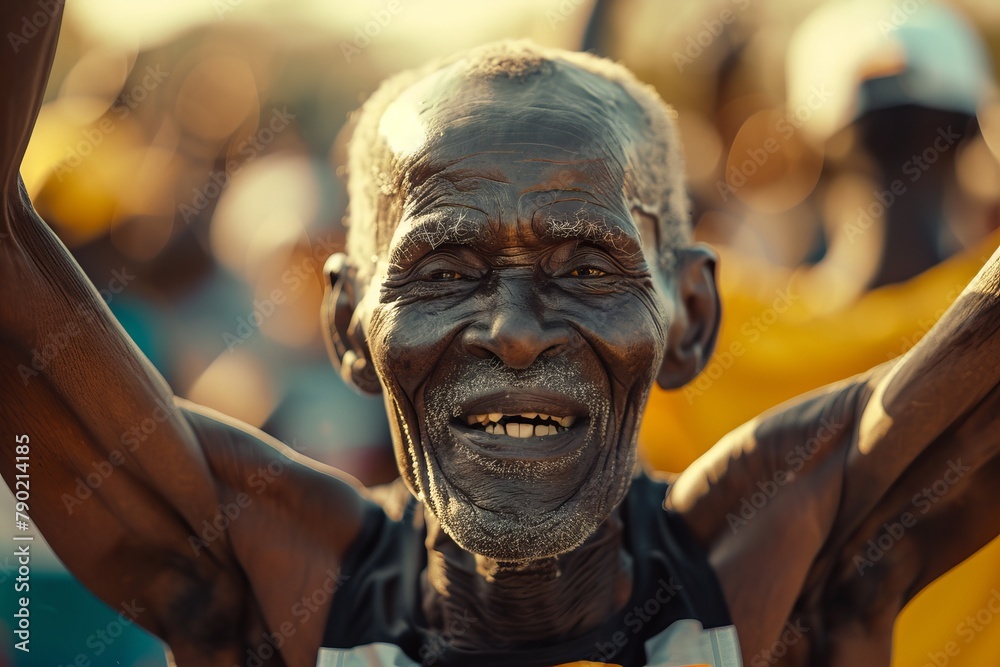 A jubilant elderly man celebrates with arms up and a wide smile in golden sunlight
