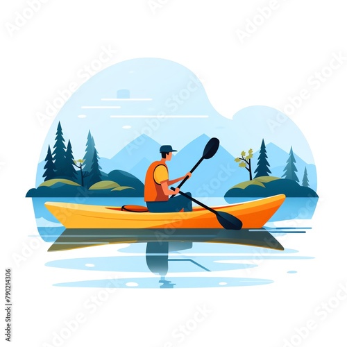 Minimalist UI illustration of Kayaking in a flat illustration style on a white background with bright Color scheme, dribbble, flat vector, up32K HD