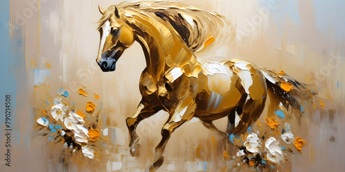 Home wall art poster, Abstract oil painting with gold, horse and flowers, wall art, knife painting, paint spots and strokes. Large stroke oil painting