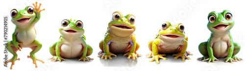 Cheerful collection of cute frog characters illustration with happy faces, isolated on transparent alpha background. Graphic resources for charming designs. photo