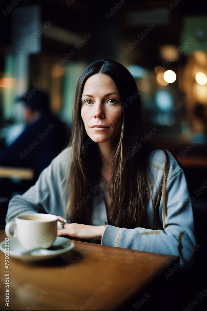 Young woman with long dark hair siting at the table of street cafe with cup of coffee. Young woman with long dark hair siting at the table of street cafe with cup of coffee.