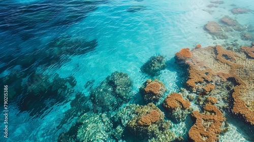 Aerial view of vibrant coral reef, diverse marine life, clear blue waters, sunlit, coastal ecosystem photo