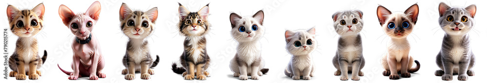 Collection of adorable kitten and cat characters isolated on transparent alpha background. Perfect graphic resources for cat lovers and pet-themed designs.