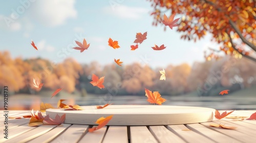 Fototapeta Naklejka Na Ścianę i Meble -  3D render Surrounded by falling red-orange maple leaves, a wooden podium against the background of a blurred autumn forest with reflections of sunlight.