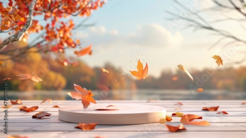 3D render: White round podium on a wooden surface, surrounded by falling autumn maple leaves in the soft light of sunset, with a muted view of the warm autumn landscape.