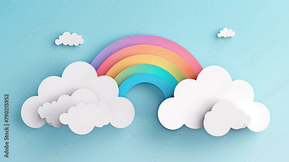 A stylized rainbow with clouds on a blue background A stylized rainbow with clouds on a blue background