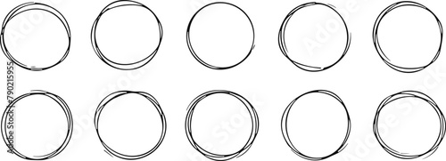 Hand drawn circles line sketch set. Vector circular scribble doodle round circles for message note mark design element. Pencil or pen graffiti bubble or ball draft illustration photo