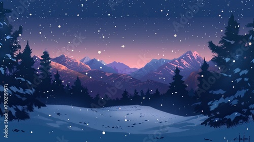 A serene twilight scenery depicting snow-covered mountains under a starry sky
