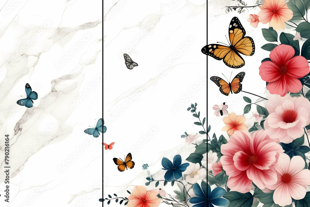 Home wall decor 3 panel arts, color marble background with flowers and butterflies silhouette