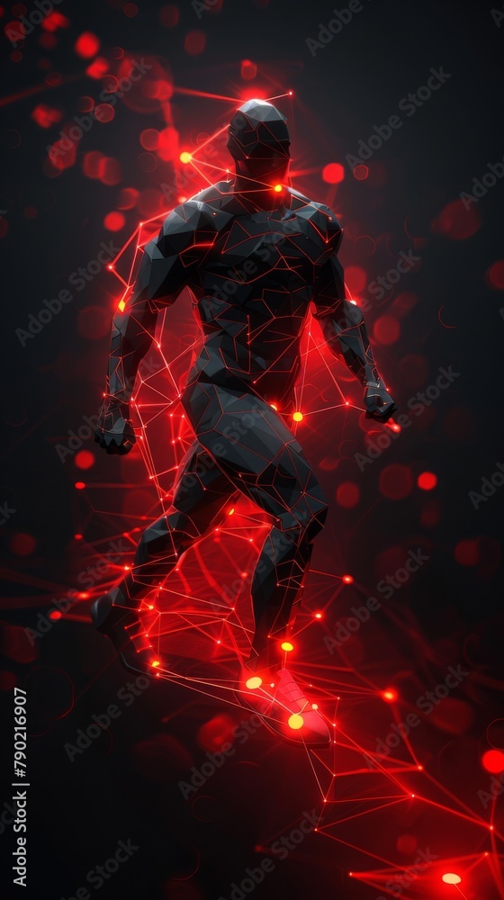 A black and red abstract man made of glowing lines