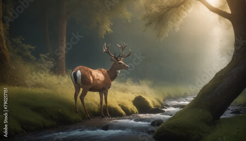 Majestic Deer in Misty Forest Creek at Dawn