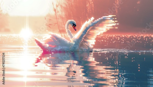 Illustrate an intricate, pixelated close-up of a graceful swan swimming elegantly on a serene lake, showcasing stunning digital rendering techniques