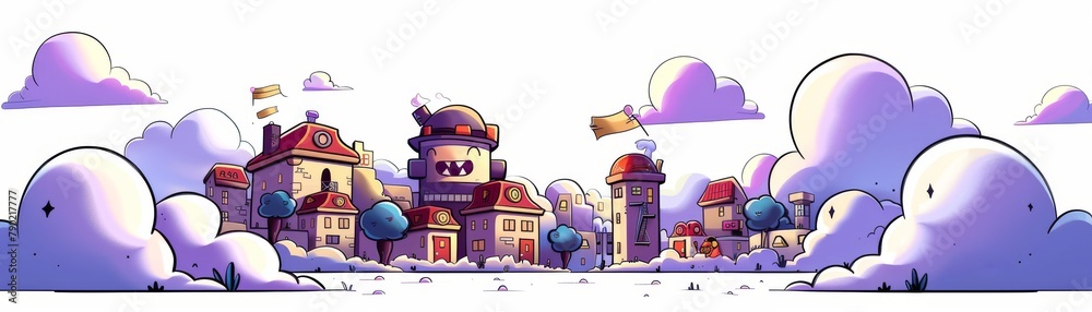A cartoon town in the clouds with a blue sky and clouds in the background. A cartoon town in the clouds with a blue sky and clouds in the background.