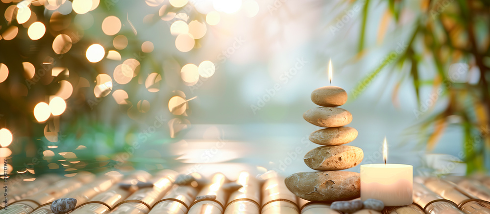 Obraz premium candle and a stack of stones on a bamboo table creating a serene and peaceful atmosphere