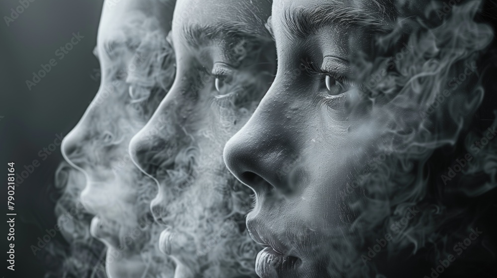 Three Identical Women's Heads Enveloped in Smoke, Side Profile, State of Mind Concept Three Identical Women's Heads Enveloped in Smoke, Side Profile, State of Mind Concept