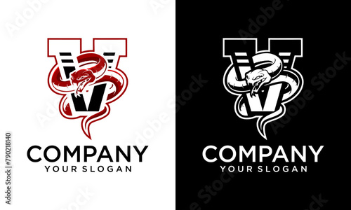 Fully editable Viper mascot logo vector illustration with varsity style letter V