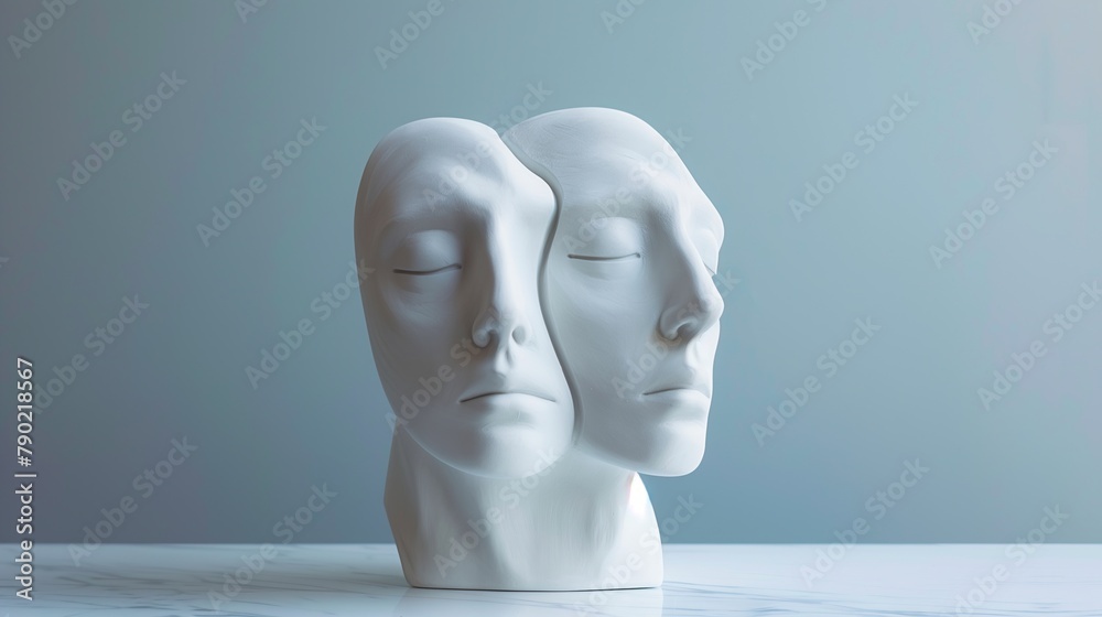 White Sculpture of Two Combined Heads in Empty Room, Mental Health Concept Imagery White Sculpture of Two Combined Heads in Empty Room, Mental Health Concept Imagery