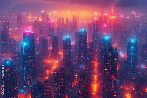 Futuristic city skyline at foggy night  ultra-wide scenic sci-fi cityscape
