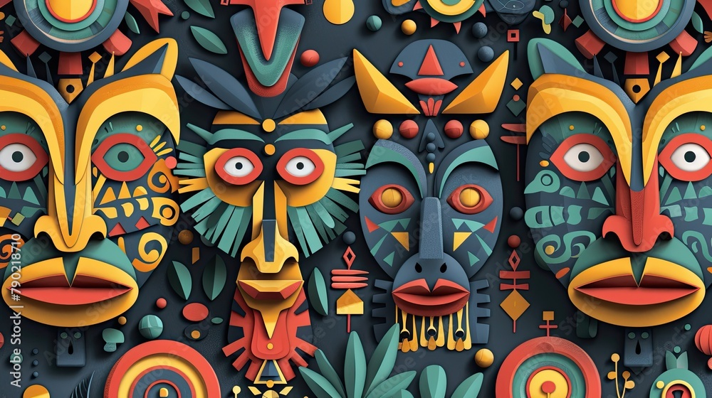 Colorful tribal masks and symbols in a vibrant, abstract composition