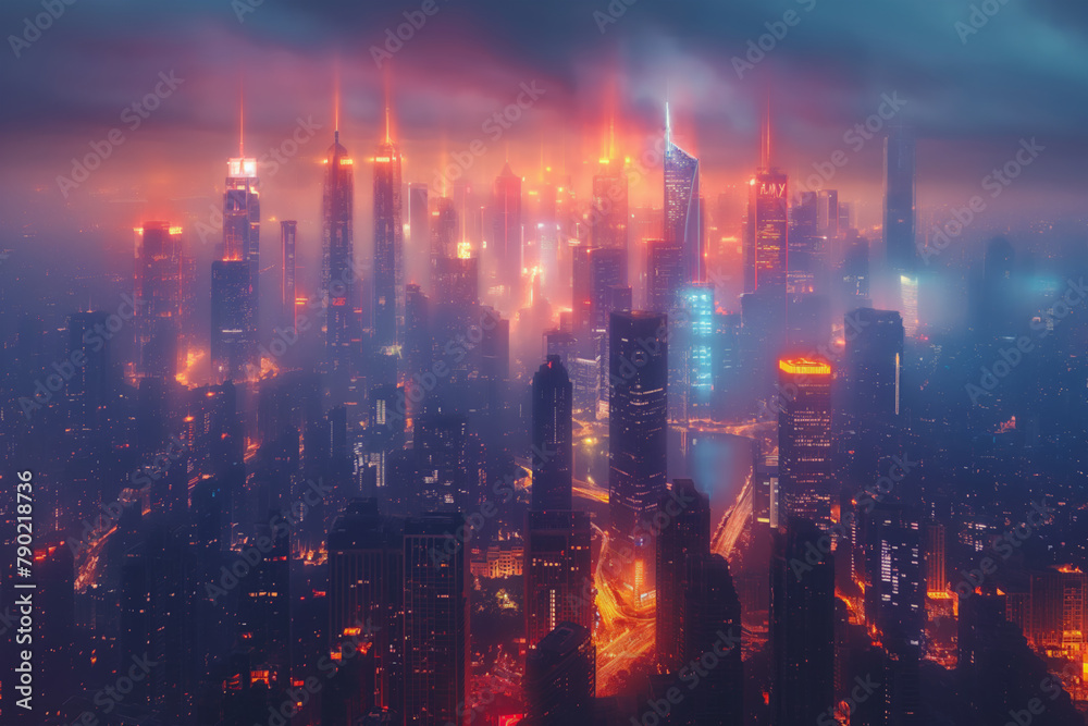 Futuristic city skyline at foggy night, ultra-wide scenic sci-fi cityscape