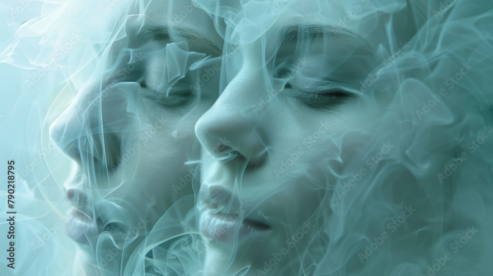 Portrait: Two Identical Woman's Heads Enveloped in Smoke, Split Personality Concept Portrait: Two Identical Woman's Heads Enveloped in Smoke, Split Personality Concept