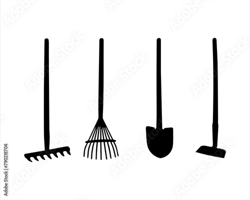 Set of garden tools shovel, rake, hoe and leaf rake silhouette vector on white background. photo