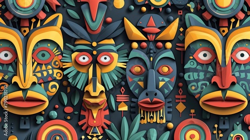 Colorful tribal masks and symbols in a vibrant, abstract composition