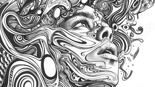 An intricately detailed black and white illustration of a woman s face with abstract flowing patterns