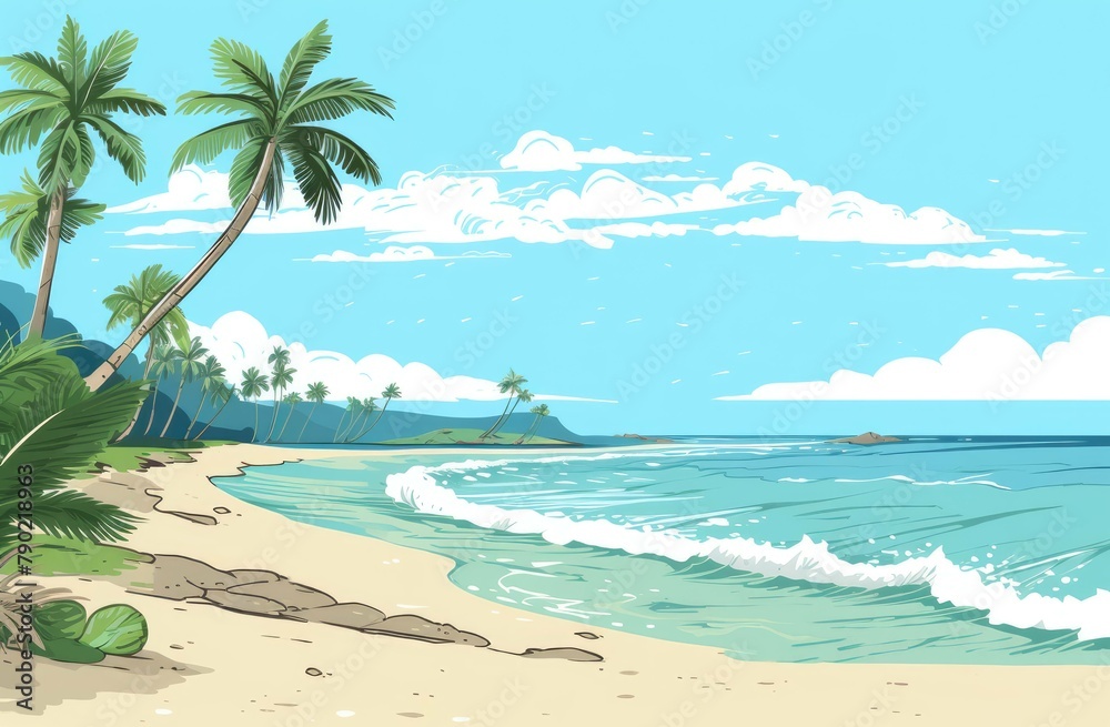 Idyllic Tropical Beach and Palm Trees - Cartoon Storybook Illustration in Pastel Tones