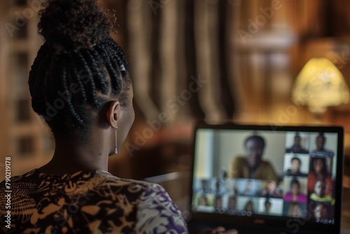 a black woman doing video meeting on a laptop, zoom meeting closeup, video conference, business meeting, successful business conference meeting, virtual meeting, skype meeting, meeting