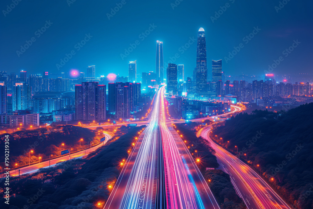 Aerial view of a futuristic city skyline at night with traffic light trails, sci-fi cityscape