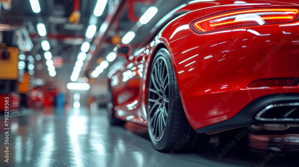 Luxurious Red Sports Car Showcased in Futuristic Automotive Facility