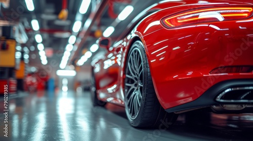 Luxurious Red Sports Car Showcased in Futuristic Automotive Facility