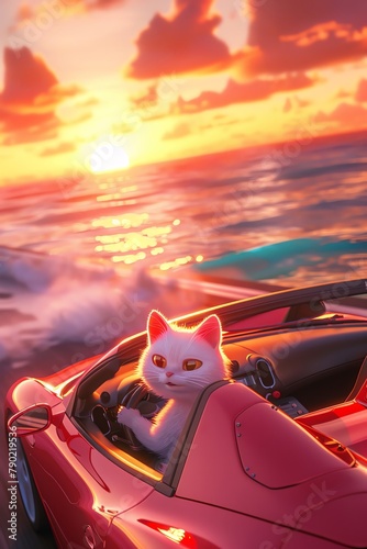 Cat driving a convertible sports car, coastal highway, sunset over the ocean, sleek 3D styling, on White background,in the style of kawaii zbrush, mischievous, animeinspired character designs, layered photo