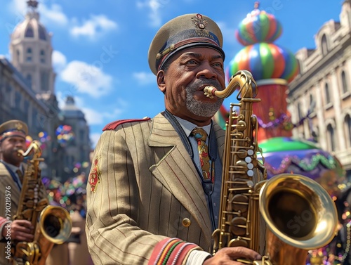 A man in a suit and hat playing a saxophone in front of a building. The man is wearing a tie and has a mustache