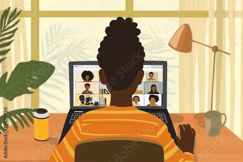 a black woman doing video meeting on a laptop, zoom meeting closeup, video conference, business meeting, successful business conference meeting, virtual meeting, skype meeting, meeting
