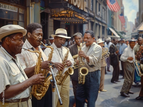 A group of men playing jazz instruments on a street. Scene is lively and energetic photo