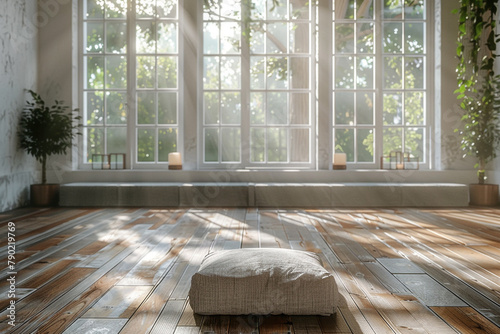A minimalist yoga studio with a polished wooden floor, a single floor cushion, and large windows offering ample natural light. photo