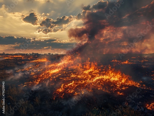 A fire is burning in a field with smoke in the sky. The sky is cloudy and the sun is setting