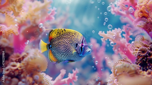 A colorful fish swims in an underwater coral reef ecosystem © gn8