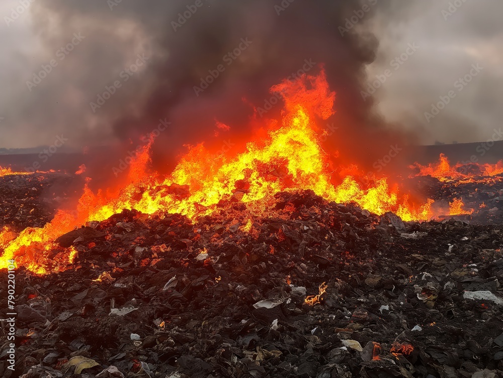 A large pile of trash is on fire, with the flames reaching high into the air. The scene is chaotic and dangerous, with the fire spreading rapidly and threatening nearby structures