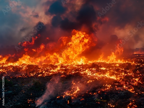 A large fire is burning in a field, with smoke and ash rising into the sky. The flames are intense and the heat is intense, creating a sense of danger and destruction. The fire is spreading rapidly