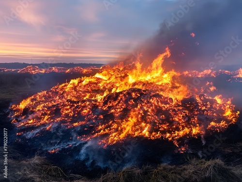 A fire is burning in a field, with the sky in the background. The fire is very large and is surrounded by smoke