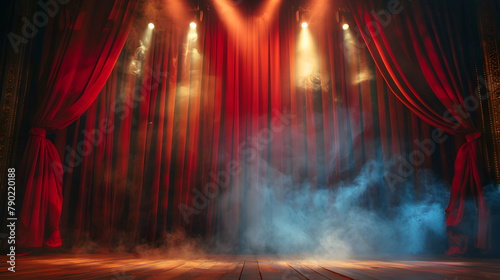 Theater stage light background with spotlight illuminated the stage for opera performance. Empty stage with red curtain, fog, smoke, backdrop decoration.