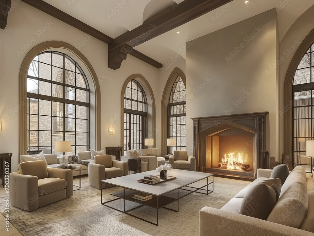 A large living room with a fireplace and a lot of seating. The room has a cozy and inviting atmosphere