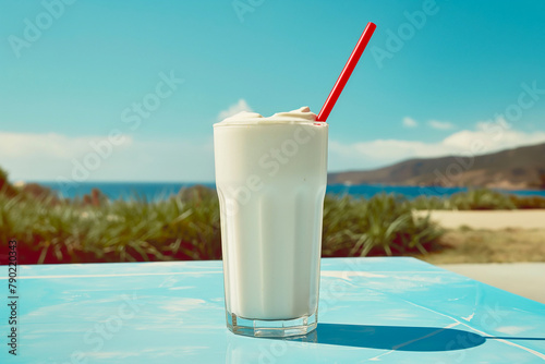 glass of whey protein shake on the beach with drinking straw © Echelon IMG