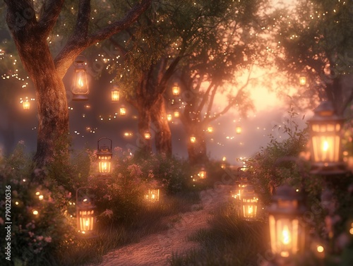 A forest scene with many lanterns hanging from trees. The lanterns are lit up and create a warm  cozy atmosphere. The scene is peaceful and serene