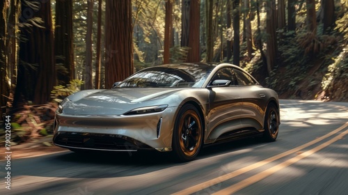 Sleek electric car cruising through a majestic redwood forest, epitomizing eco-luxury travel, Concept of innovation, eco-consciousness, and adventure photo